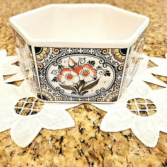Polychroom Hand Painted Holland Hexagon Floral Glazed Dish Bowl Contaner - Picture 1 of 7